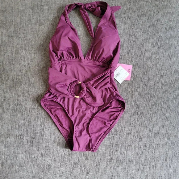 Kate Spade Women's Purple Belted Plunging Halter One Piece Swimsuit sz X… - Picture 5 of 9